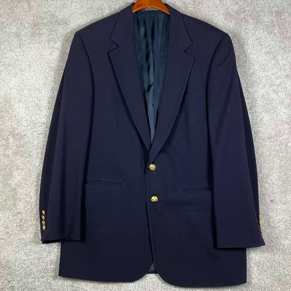 VTG Lands End Blazer Mens 43L Blue Wool Gold Crest Button Navy Sport Coat USA